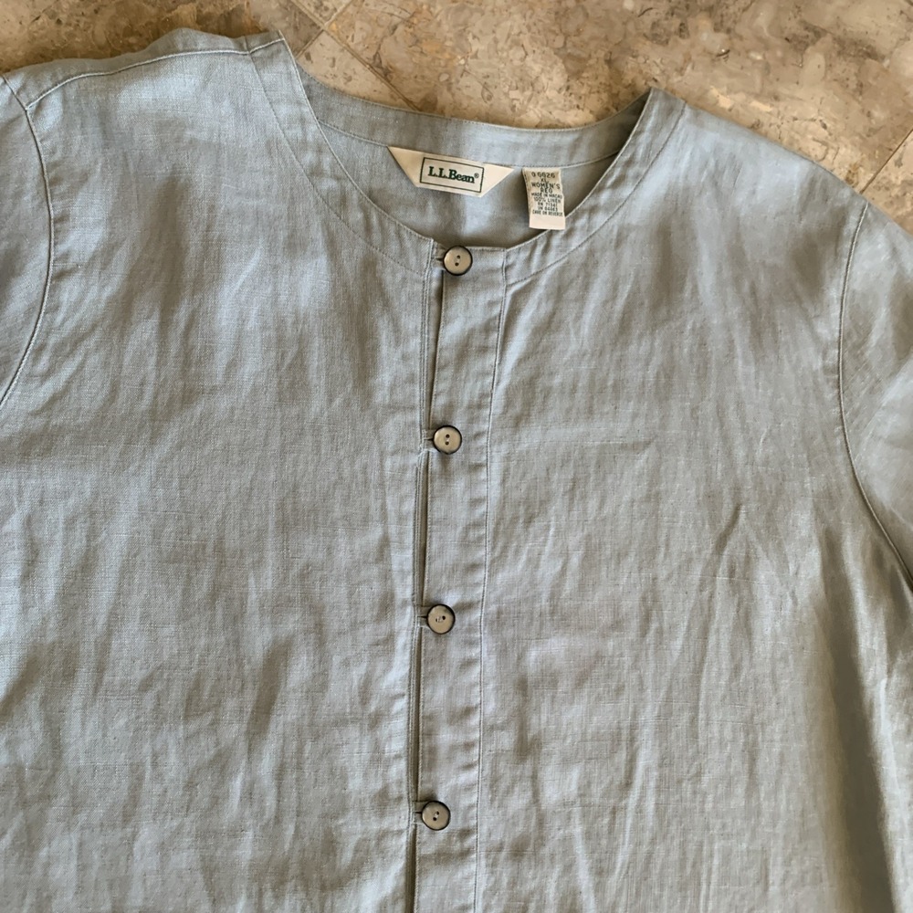 Vintage LL Bean Women's Blouse Size XL Baby Blue Linen Button-up Long Sleeve